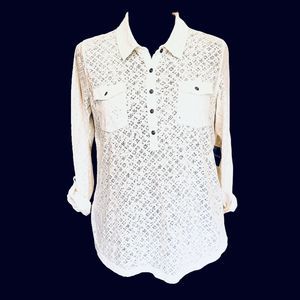 EDDIE BAUER Women's Ivory Burnout Polo Long Sleeve Roll Tab Pockets Sz L NWT